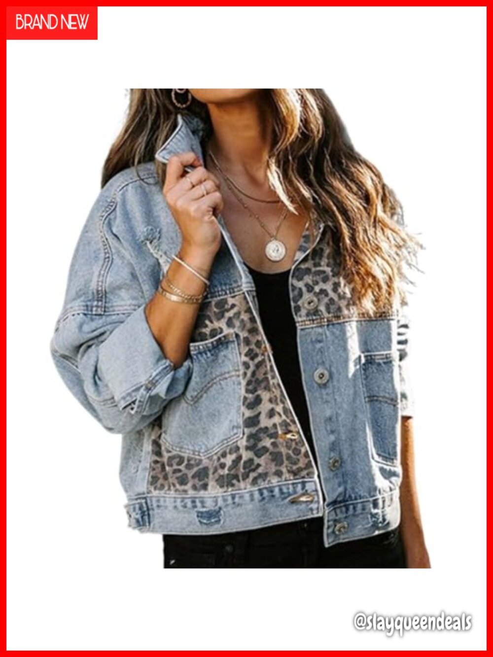 Women Denim Jacket Long Sleeve Ripped Jean Coat Leopard Cheetah Cropped